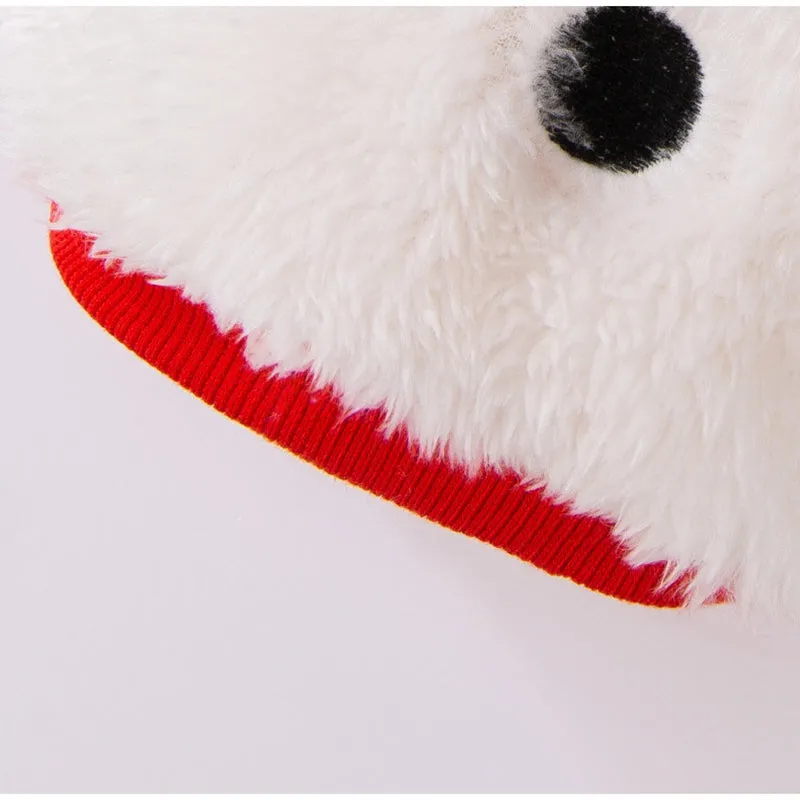 White plush bear pet jacket with 3D bear face, closed eyes, red knit trim, and metal leash ring for small dogs