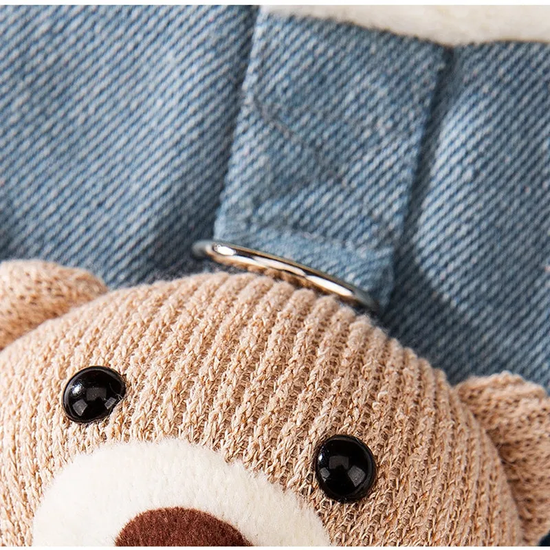 Blue denim pet coat with 3D bear pocket and wool lining for warm winter walks