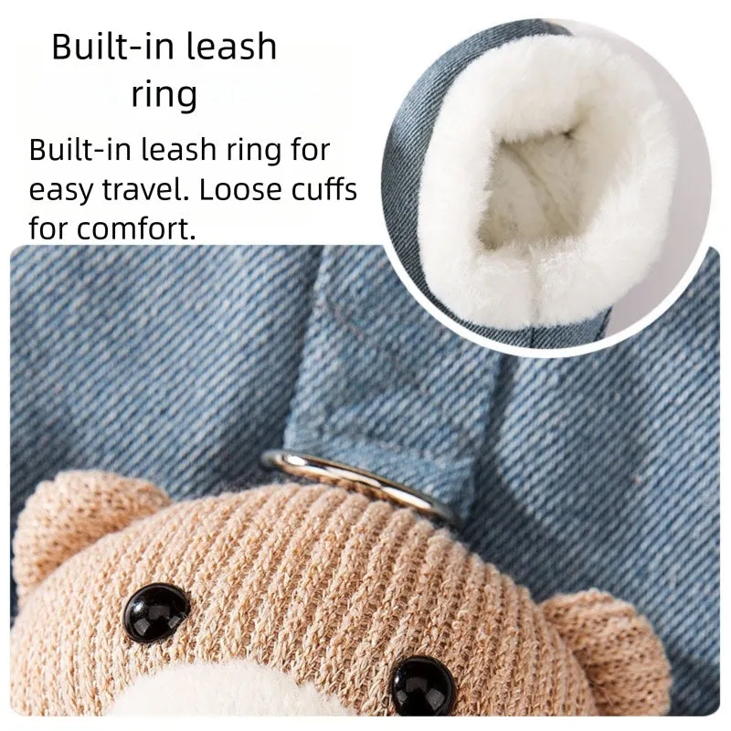Blue denim pet coat with 3D bear pocket and wool lining for warm winter walks