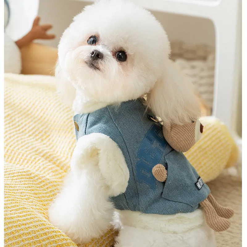 Blue denim pet coat with 3D bear pocket and wool lining for warm winter walks