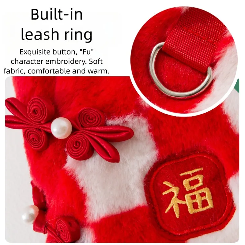 Red and white checkered plush dog vest with Qipao knots and golden Fu symbol for Chinese New Year