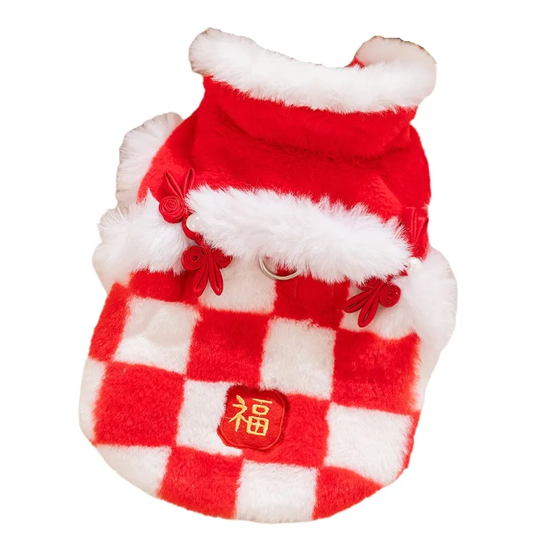 Red and white checkered plush dog vest with Qipao knots and golden Fu symbol for Chinese New Year