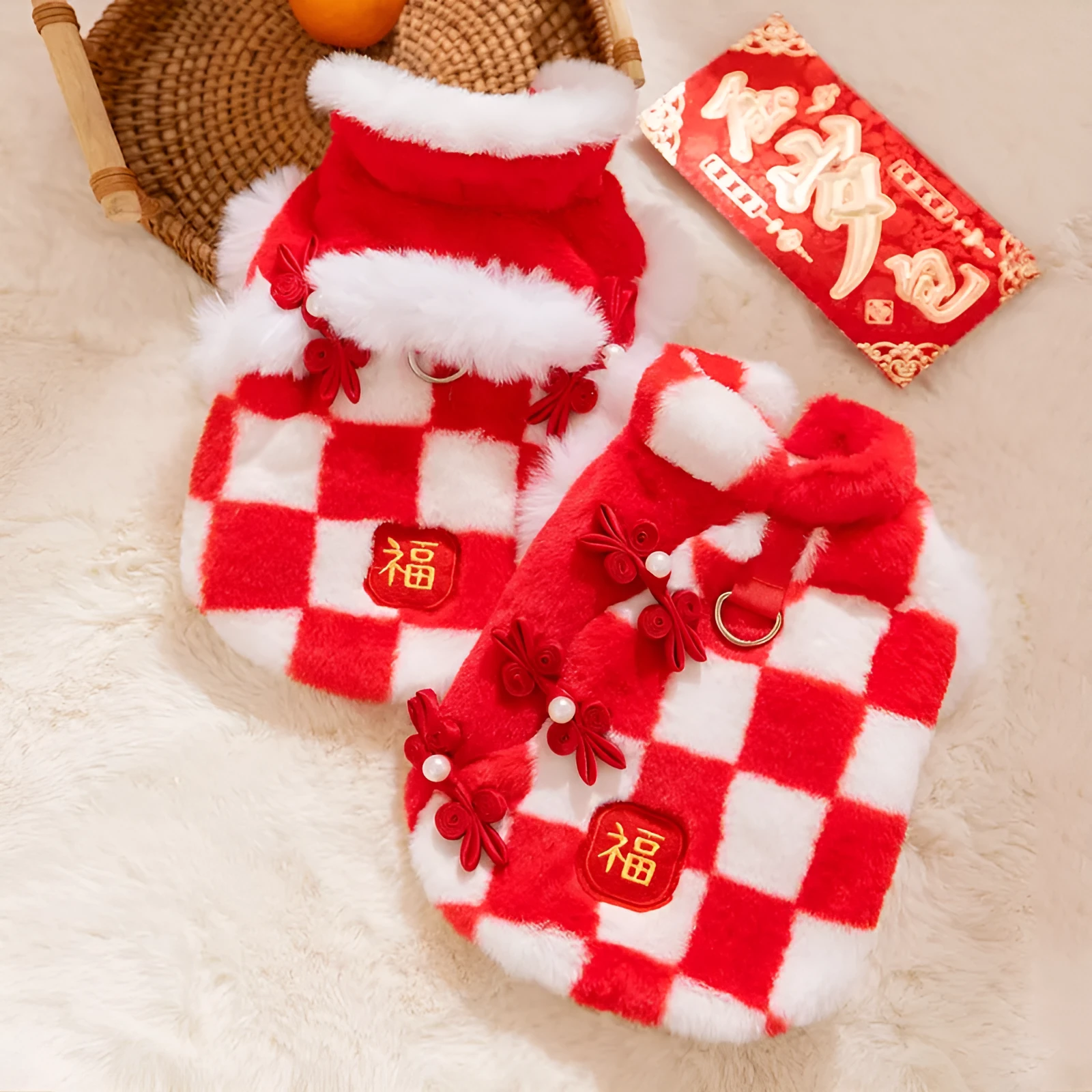 Red and white checkered plush dog vest with Qipao knots and golden Fu symbol for Chinese New Year