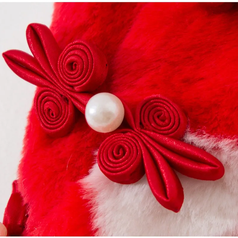 Red and white checkered plush dog vest with Qipao knots and golden Fu symbol for Chinese New Year