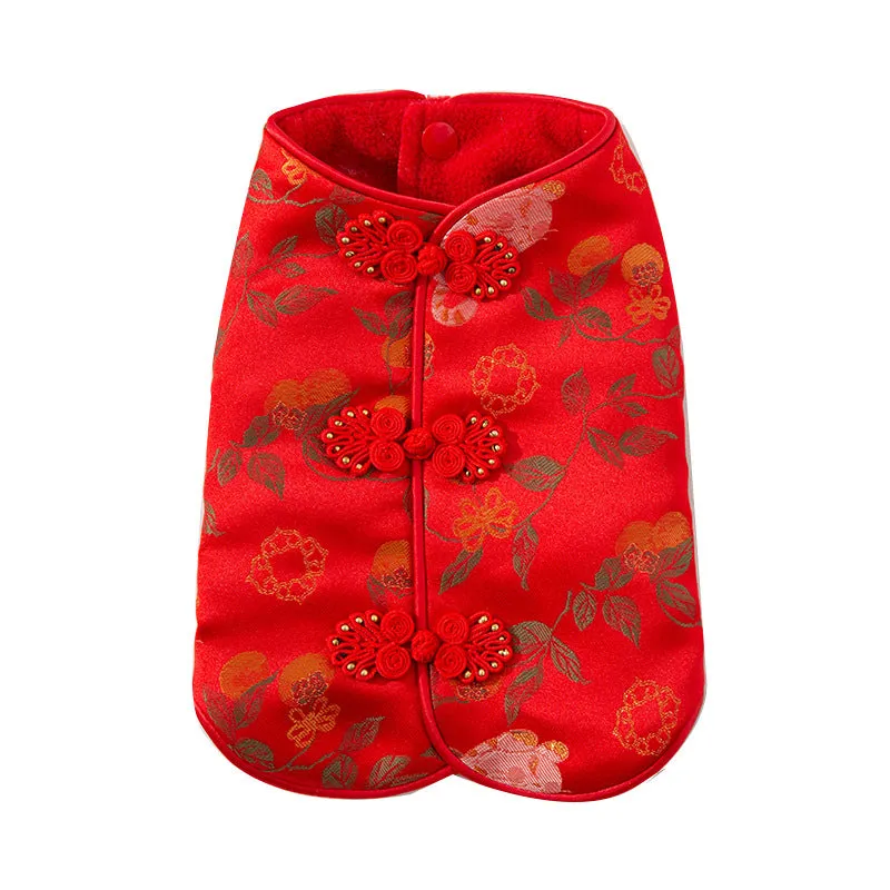 Red cheongsam pet vest with decorative knot buttons, floral and fruit patterns, for Lunar New Year