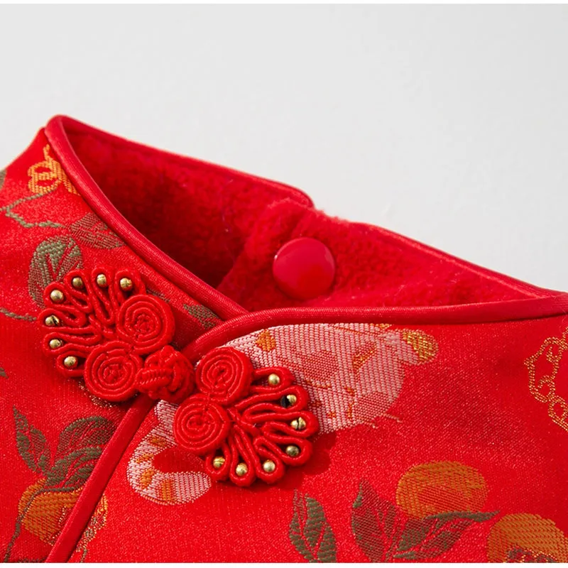 Red cheongsam pet vest with decorative knot buttons, floral and fruit patterns, for Lunar New Year