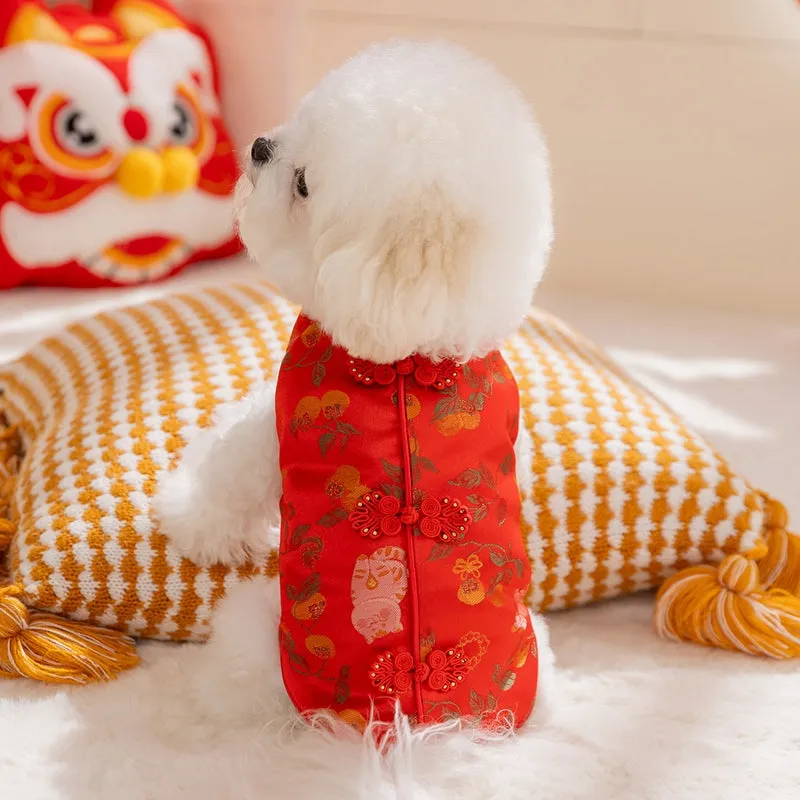 Red cheongsam pet vest with decorative knot buttons, floral and fruit patterns, for Lunar New Year