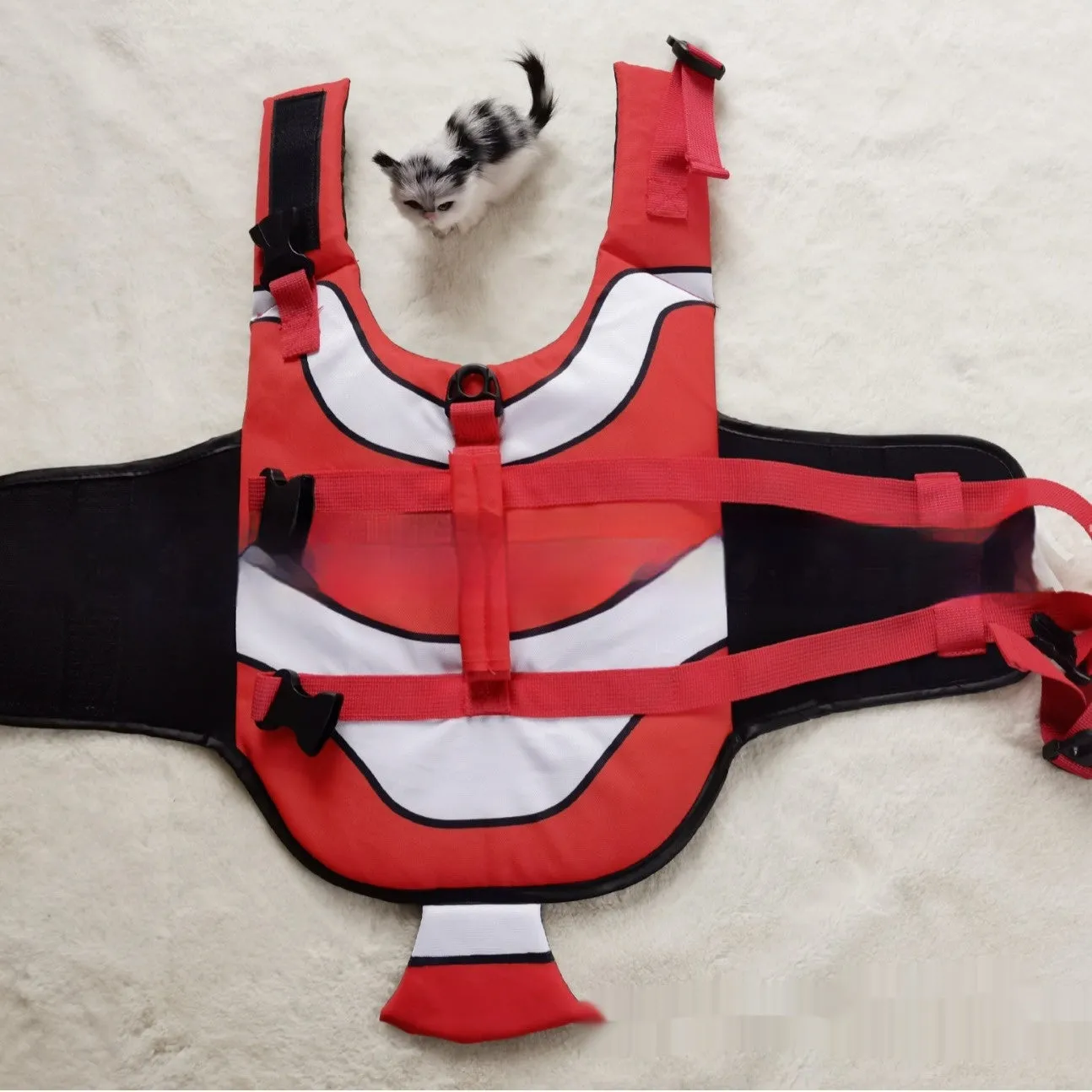 Striped pet life jacket in polyester, unisex, available in red and blue, sizes XS to XXL