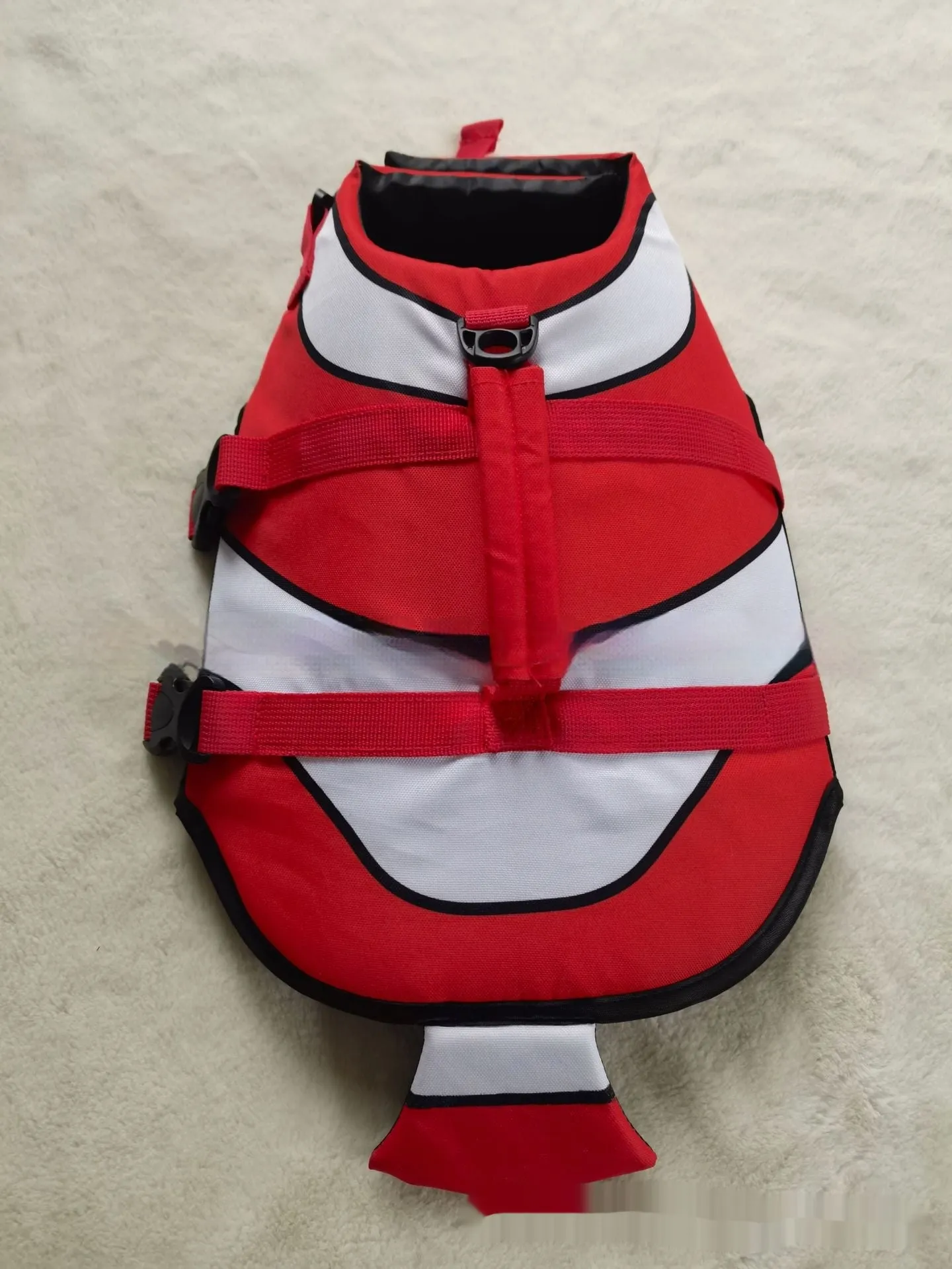 Striped pet life jacket in polyester, unisex, available in red and blue, sizes XS to XXL