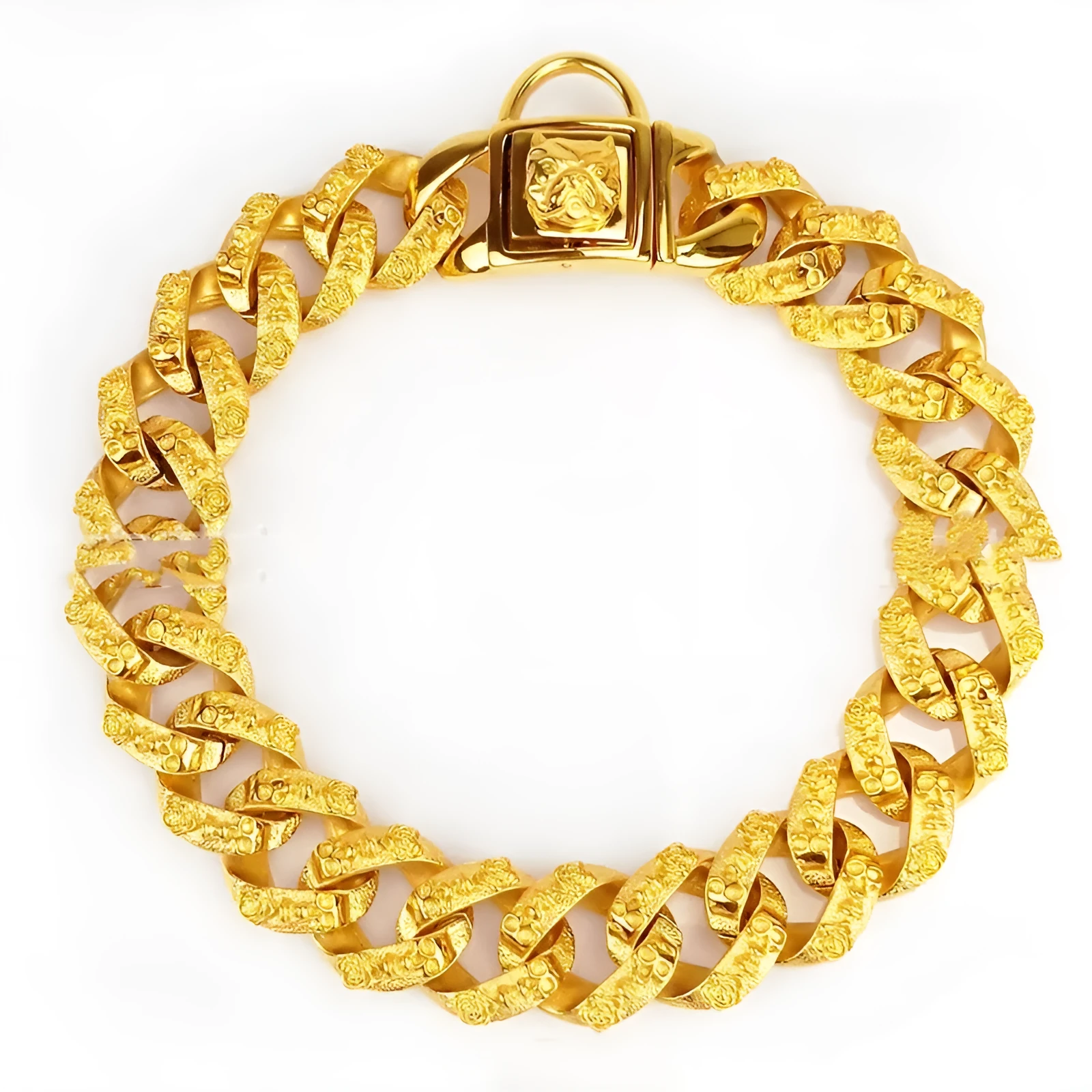 Stainless steel skull dog collar necklace in gold finish with 32mm width and chain links