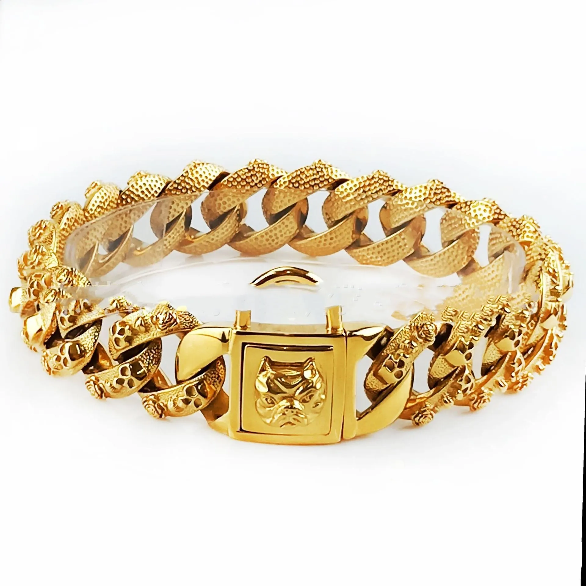 Stainless steel skull dog collar necklace in gold finish with 32mm width and chain links