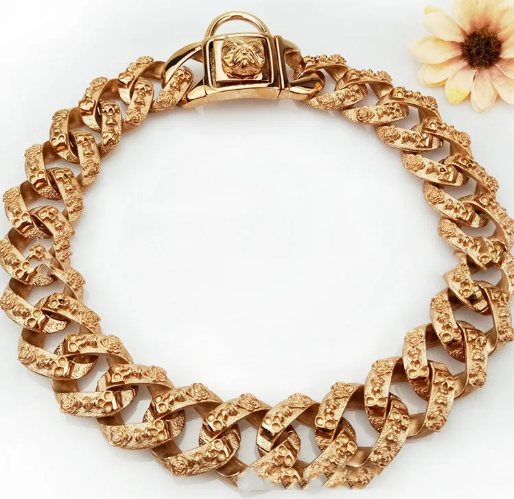 Stainless steel skull dog collar necklace in gold finish with 32mm width and chain links