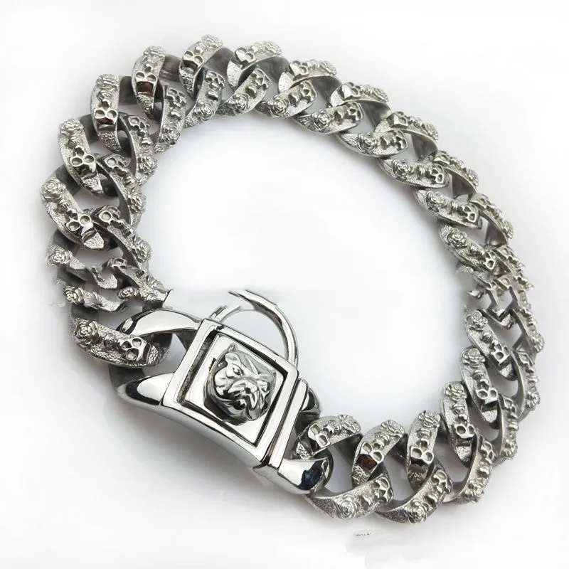 Stainless steel skull dog collar necklace in gold finish with 32mm width and chain links