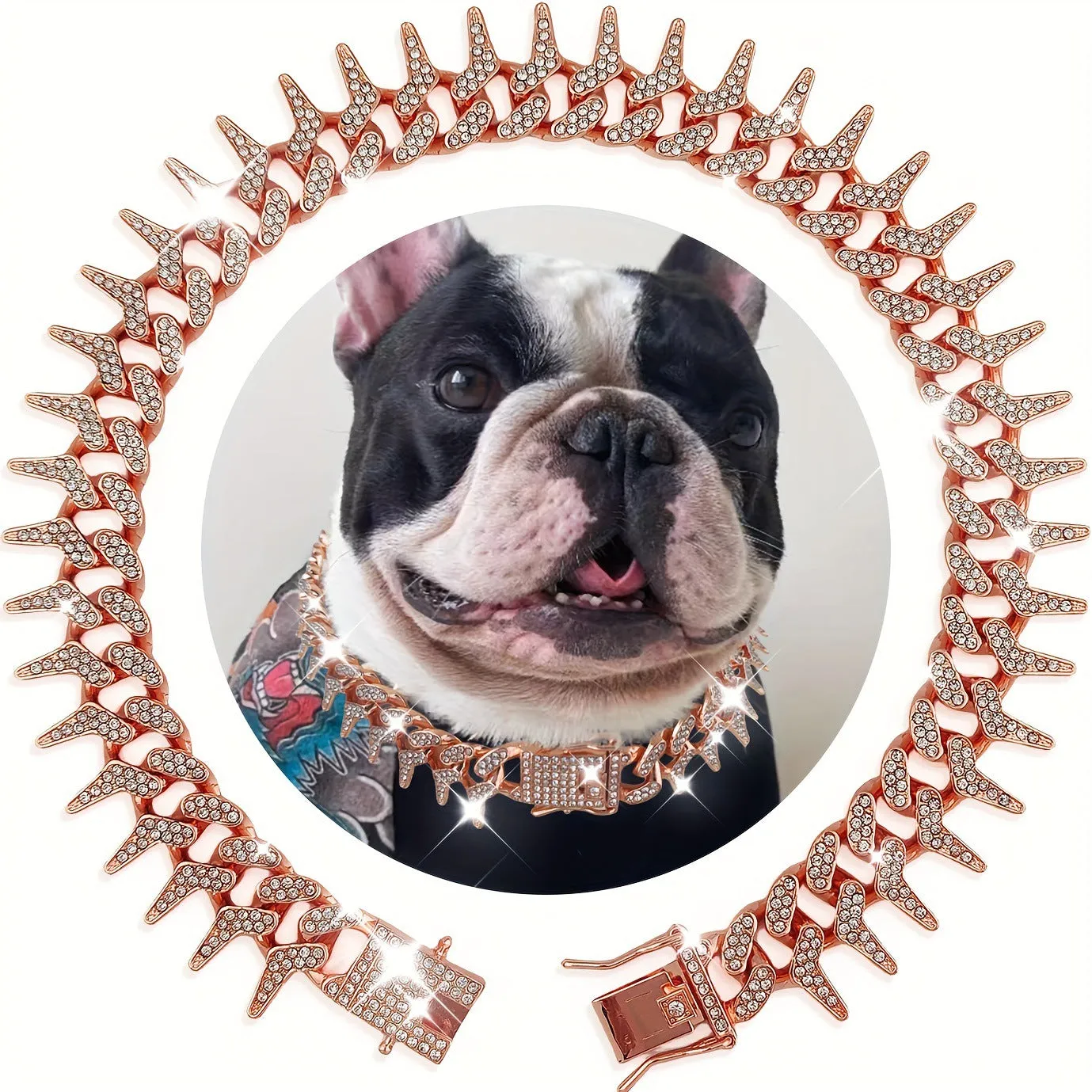 Diamond pet neckband necklace in gold with plaid pattern on a zinc alloy band, suitable for small to large pets.
