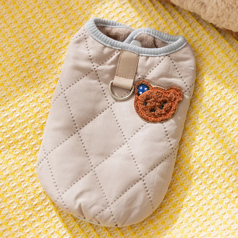 Quilted pet vest with embroidered bear patch and polka-dot ears, cream beige colour, for small dogs, side view