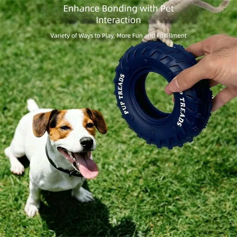 Dog chew toy with black rubber tyre and attached rope for interactive play