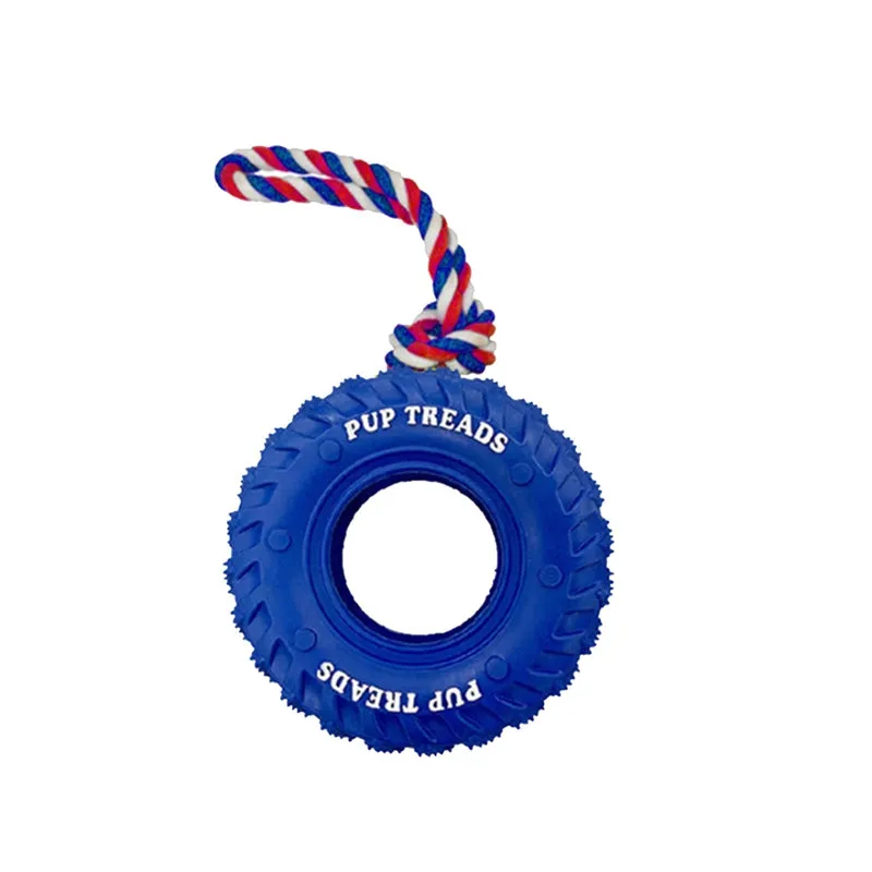 Dog chew toy with black rubber tyre and attached rope for interactive play