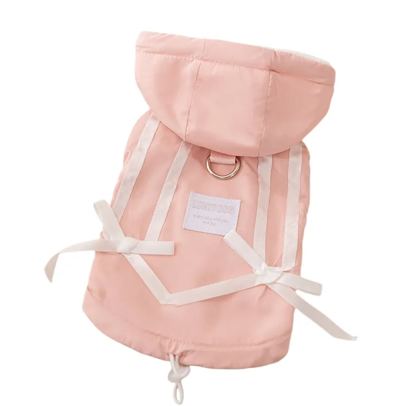 Winter fleece cat clothes with bow warm down jacket for kittens and dogs in pink, padded design with hood