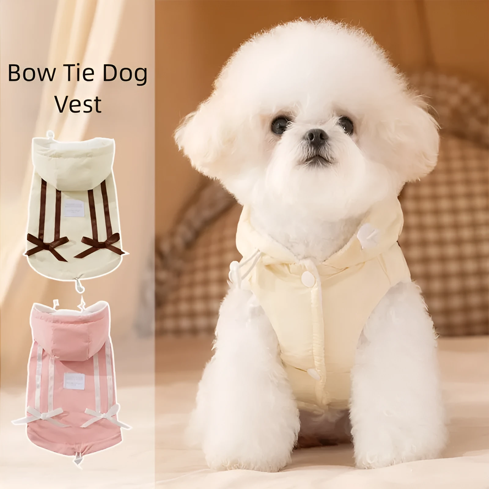 Winter fleece cat clothes with bow warm down jacket for kittens and dogs in pink, padded design with hood