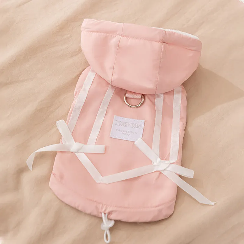 Winter fleece cat clothes with bow warm down jacket for kittens and dogs in pink, padded design with hood