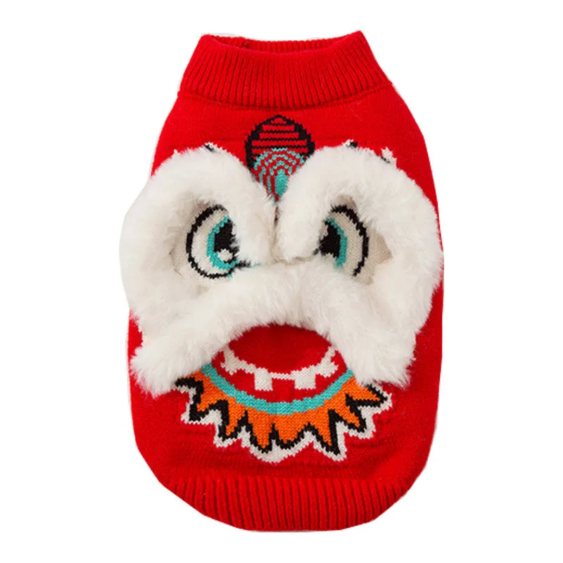Red knitted lion dance pet sweater with 3D plush face details and colourful embroidery on a cat