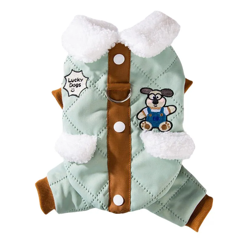Warm thick quilted cotton dog coat with fleece-lined collar and pockets, cute dog embroidery, and leash ring in green