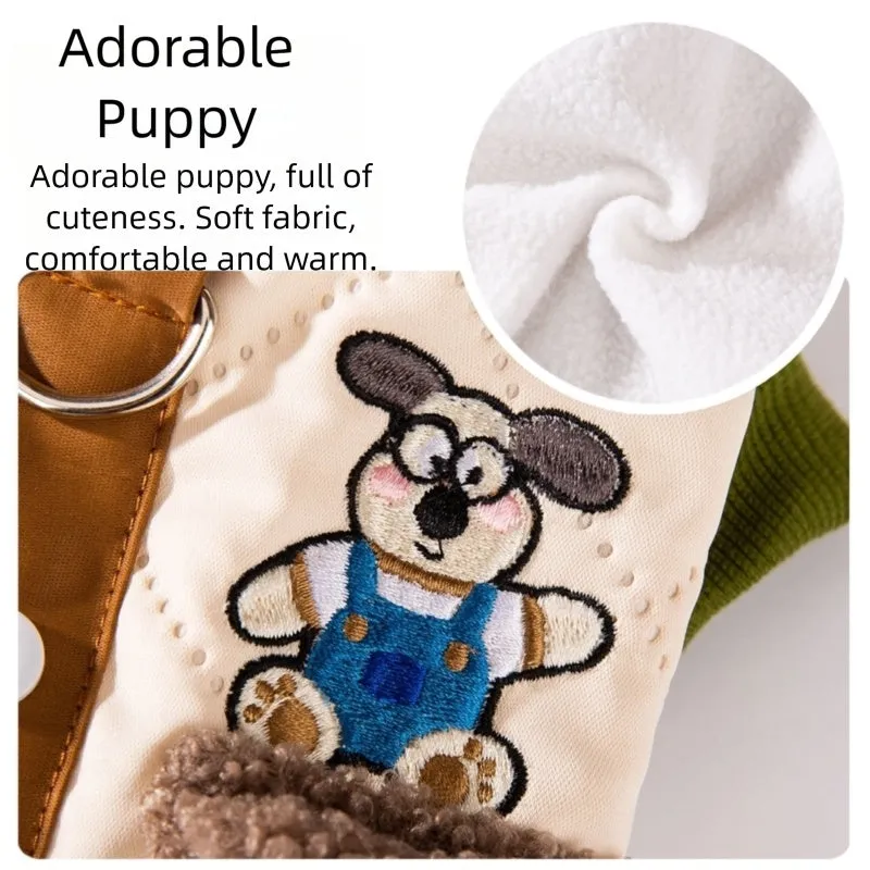 Warm thick quilted cotton dog coat with fleece-lined collar and pockets, cute dog embroidery, and leash ring in green