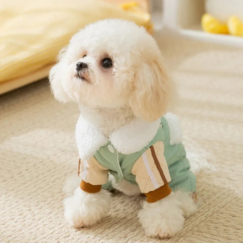 Warm thick quilted cotton dog coat with fleece-lined collar and pockets, cute dog embroidery, and leash ring in green