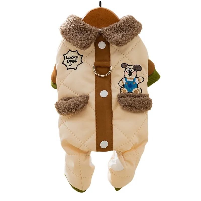 Warm thick quilted cotton dog coat with fleece-lined collar and pockets, cute dog embroidery, and leash ring in green
