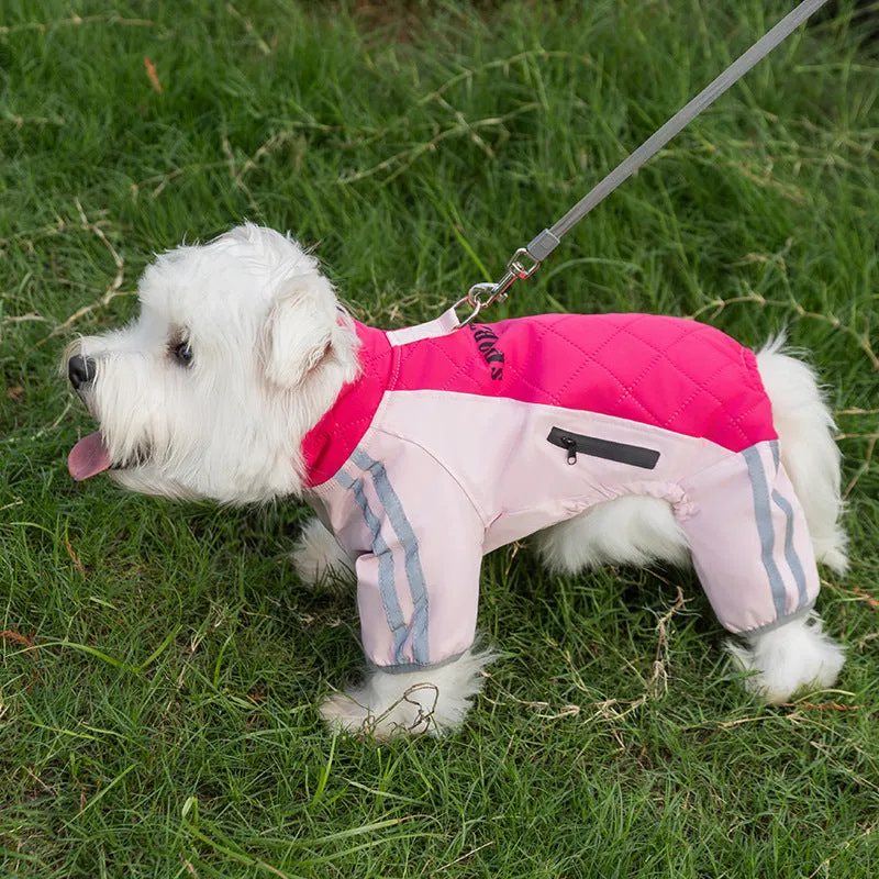 Red dog down jacket with fleece lining for small breeds, four-legged cotton design, side view on white background