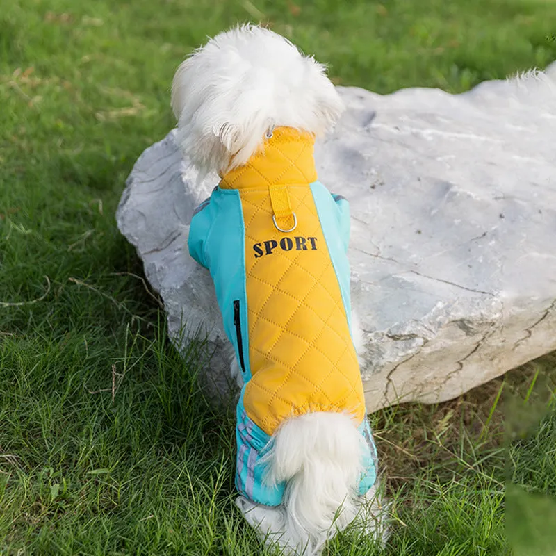 Red dog down jacket with fleece lining for small breeds, four-legged cotton design, side view on white background