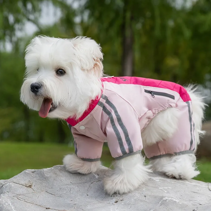 Red dog down jacket with fleece lining for small breeds, four-legged cotton design, side view on white background