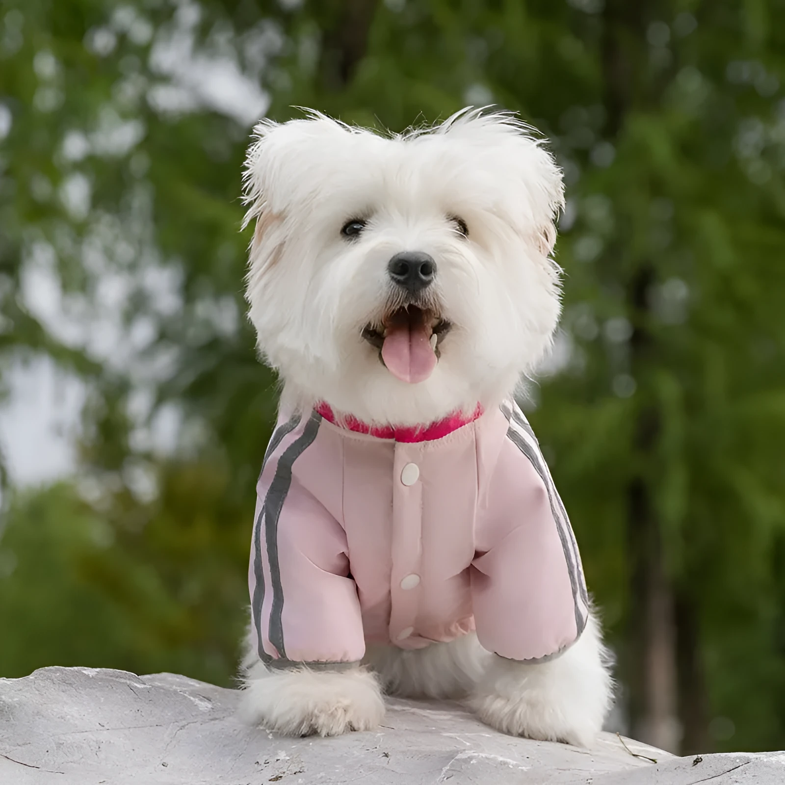 Red dog down jacket with fleece lining for small breeds, four-legged cotton design, side view on white background