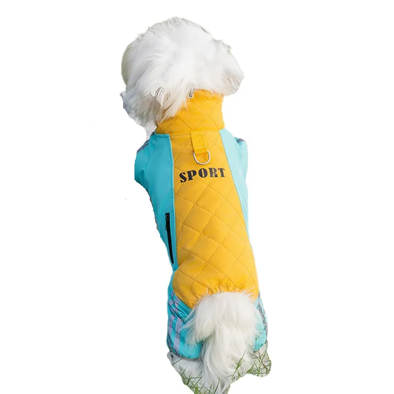 Red dog down jacket with fleece lining for small breeds, four-legged cotton design, side view on white background