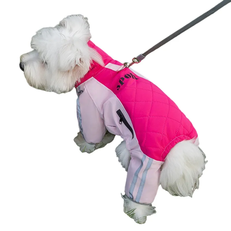 Red dog down jacket with fleece lining for small breeds, four-legged cotton design, side view on white background