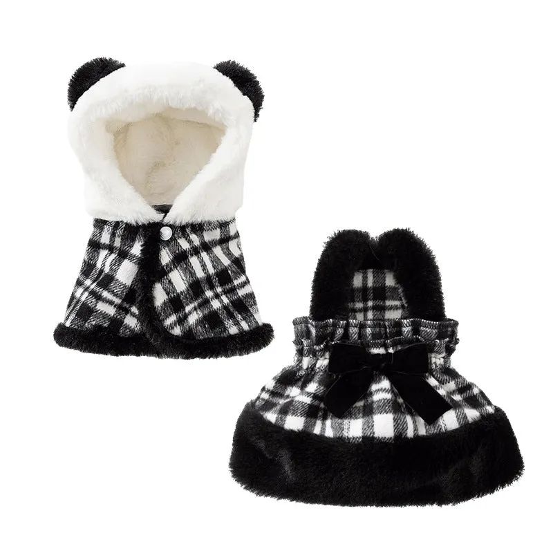 Two-piece dog clothes set with hooded cape and dress in black colour featuring velvet bow