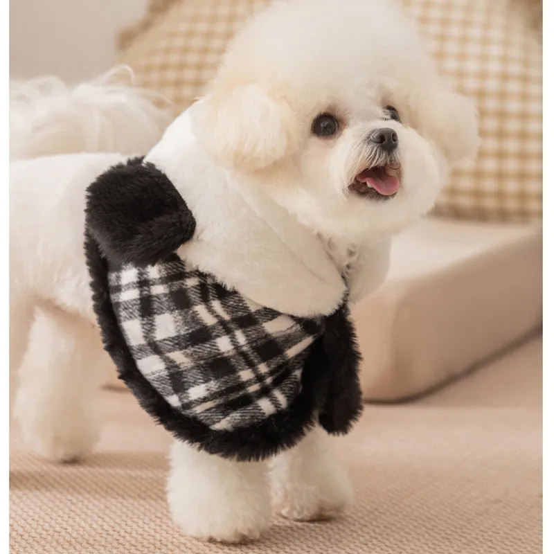 Two-piece dog clothes set with hooded cape and dress in black colour featuring velvet bow