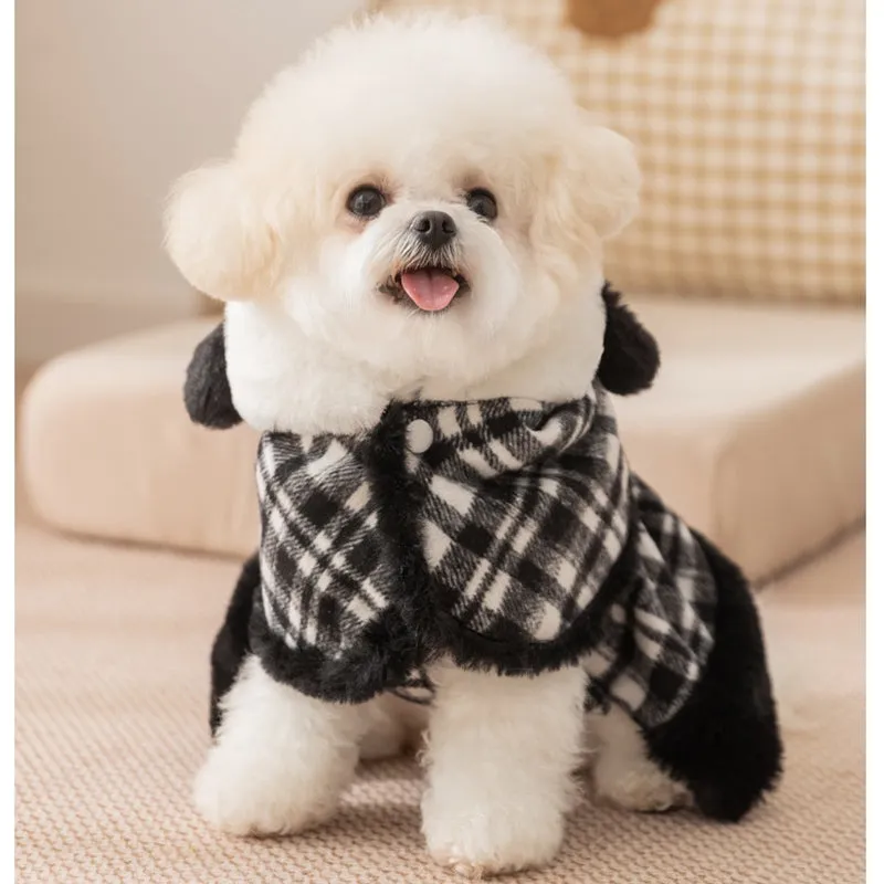 Two-piece dog clothes set with hooded cape and dress in black colour featuring velvet bow