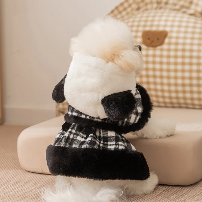 Two-piece dog clothes set with hooded cape and dress in black colour featuring velvet bow