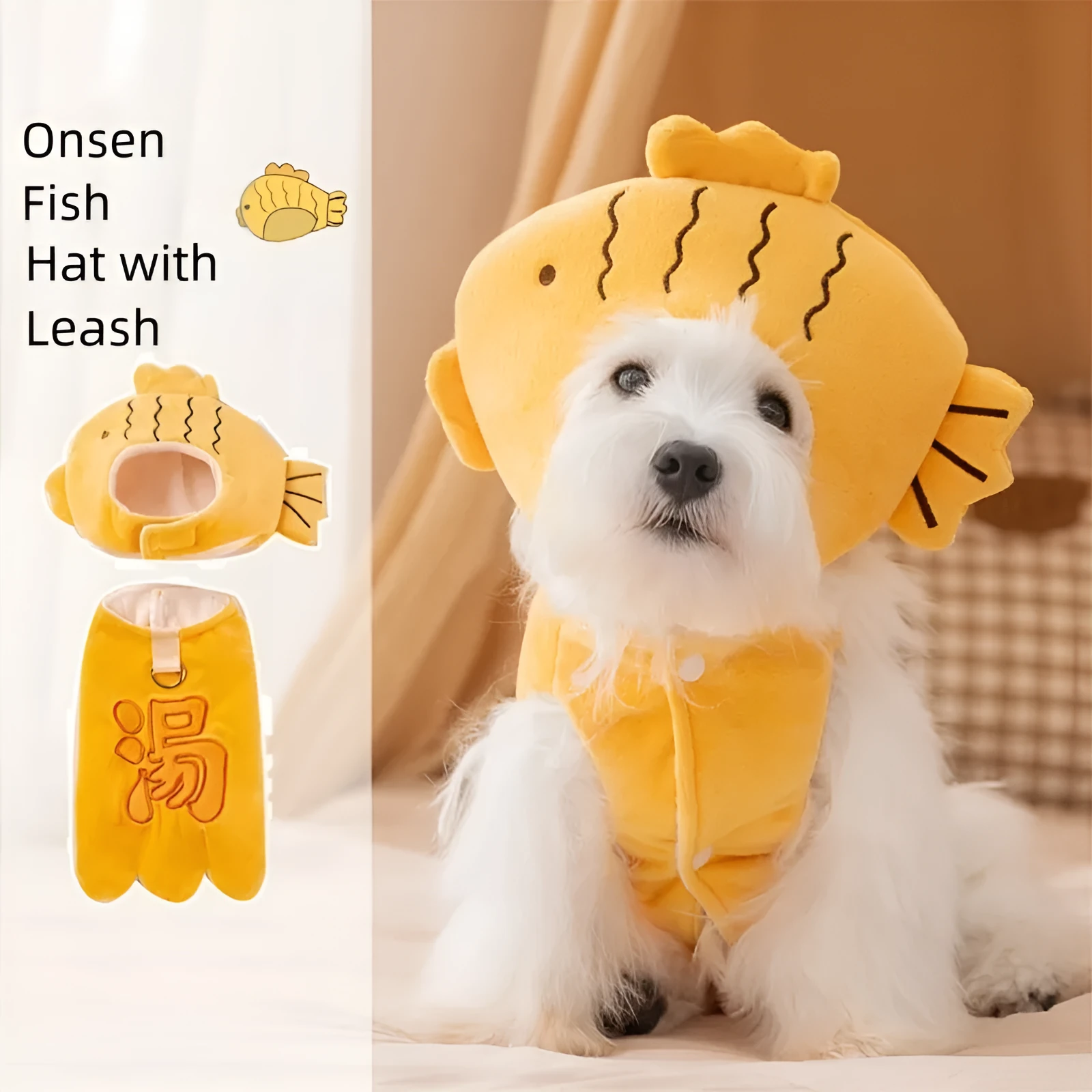 Yellow onsen fish pet costume with fish-shaped hat and vest on a dog with leash ring