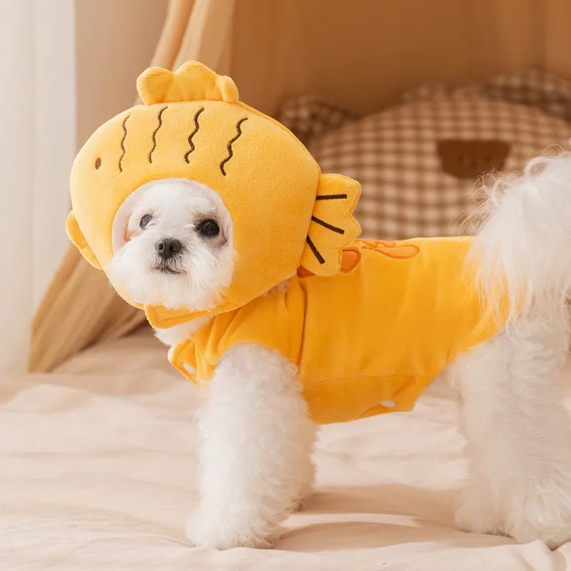 Yellow onsen fish pet costume with fish-shaped hat and vest on a dog with leash ring