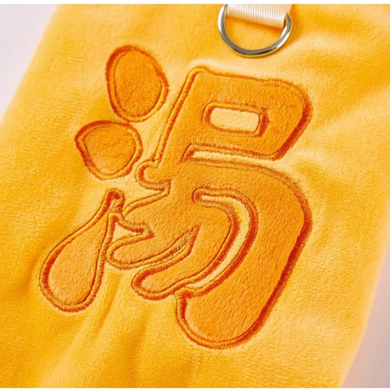 Yellow onsen fish pet costume with fish-shaped hat and vest on a dog with leash ring