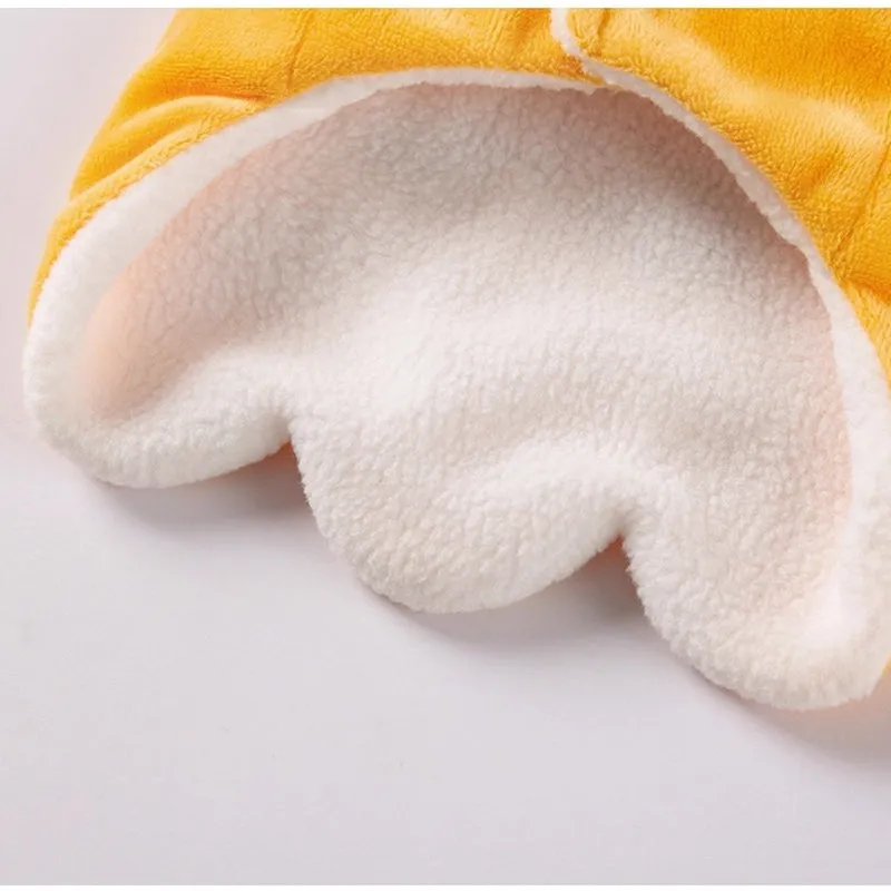 Yellow onsen fish pet costume with fish-shaped hat and vest on a dog with leash ring