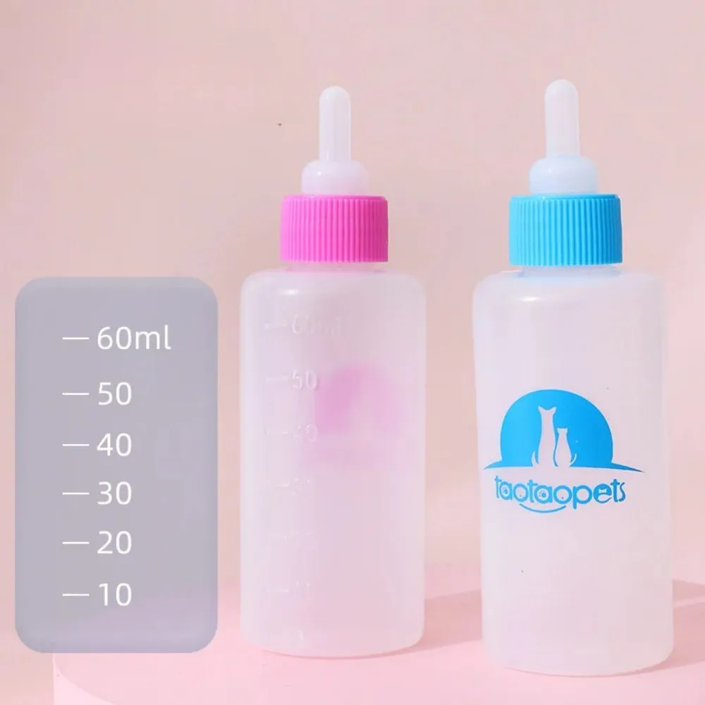 Set of four coloured pet milk bottles and a cleaning brush for feeding small animals