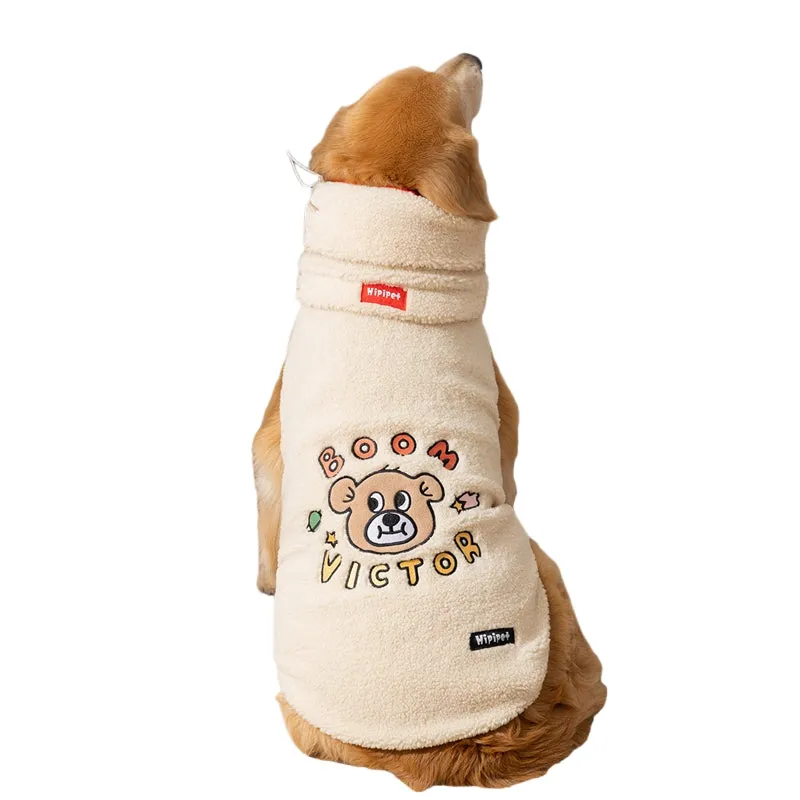 Sherpa fabric pet vest in beige with bear pattern, for large dogs, high collar, available sizes 3XL to 8XL
