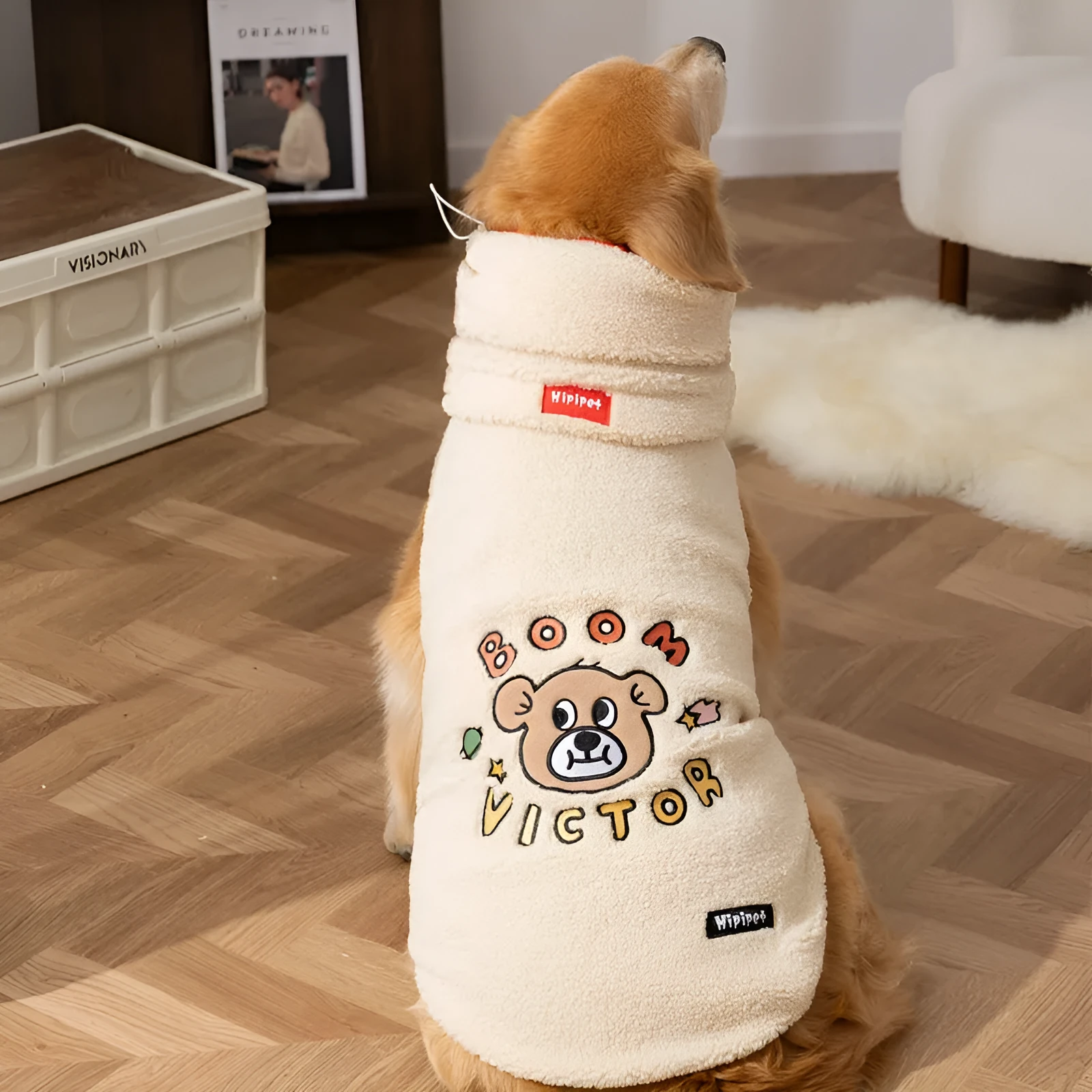 Sherpa fabric pet vest in beige with bear pattern, for large dogs, high collar, available sizes 3XL to 8XL