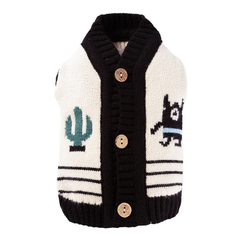 Warm small dog sweater in white with cactus and monster pattern, knit cardigan for small medium dogs