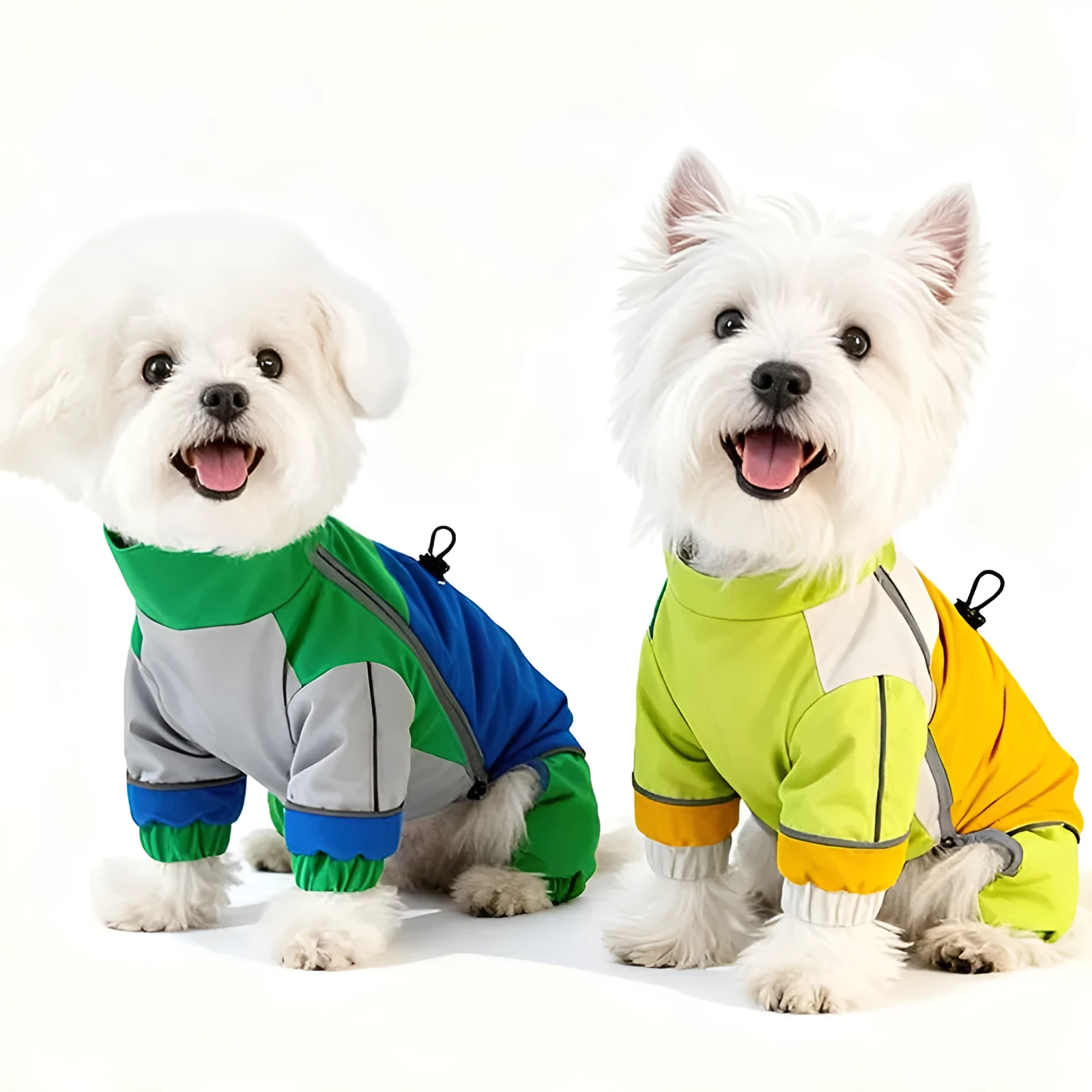 Reflective colour block dog jumpsuit in blue with waterproof fabric, four-leg coverage, and adjustable drawstrings on a small dog