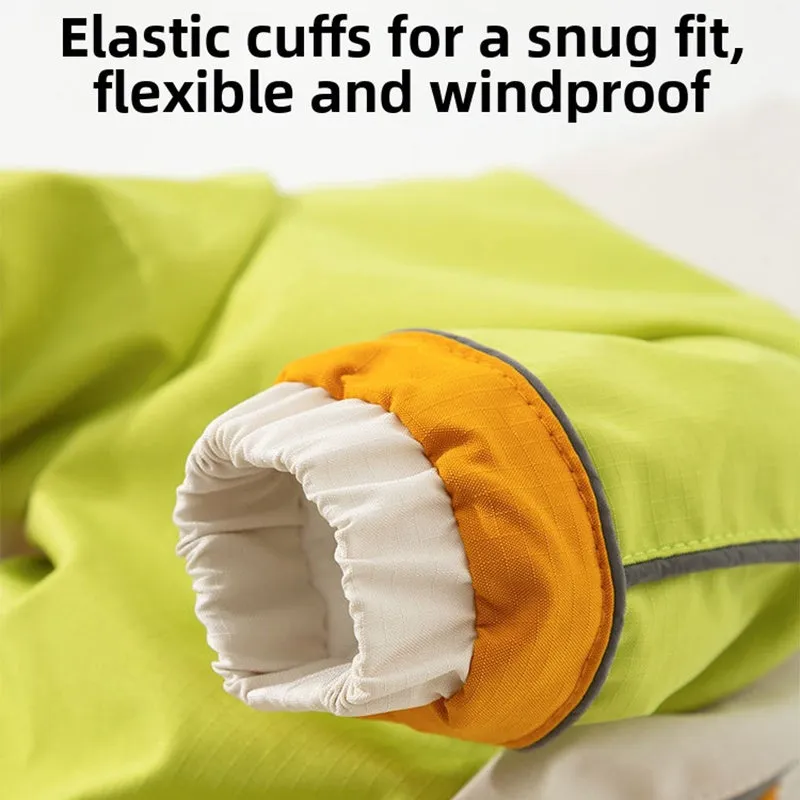 Reflective colour block dog jumpsuit in blue with waterproof fabric, four-leg coverage, and adjustable drawstrings on a small dog