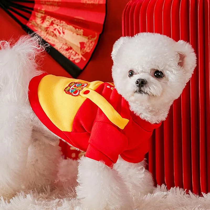 Red dog autumn winter hoodie made of pure cotton, with hood, front view on white background
